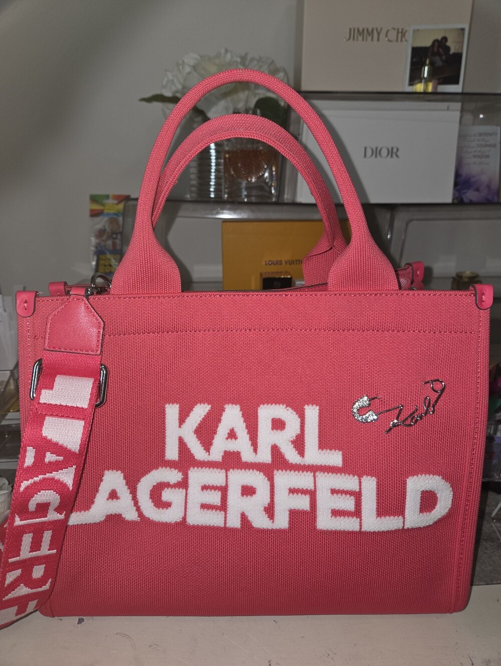 Karl Lagerfeld Hot Pink Canvas Logo Tote with Signature Charm